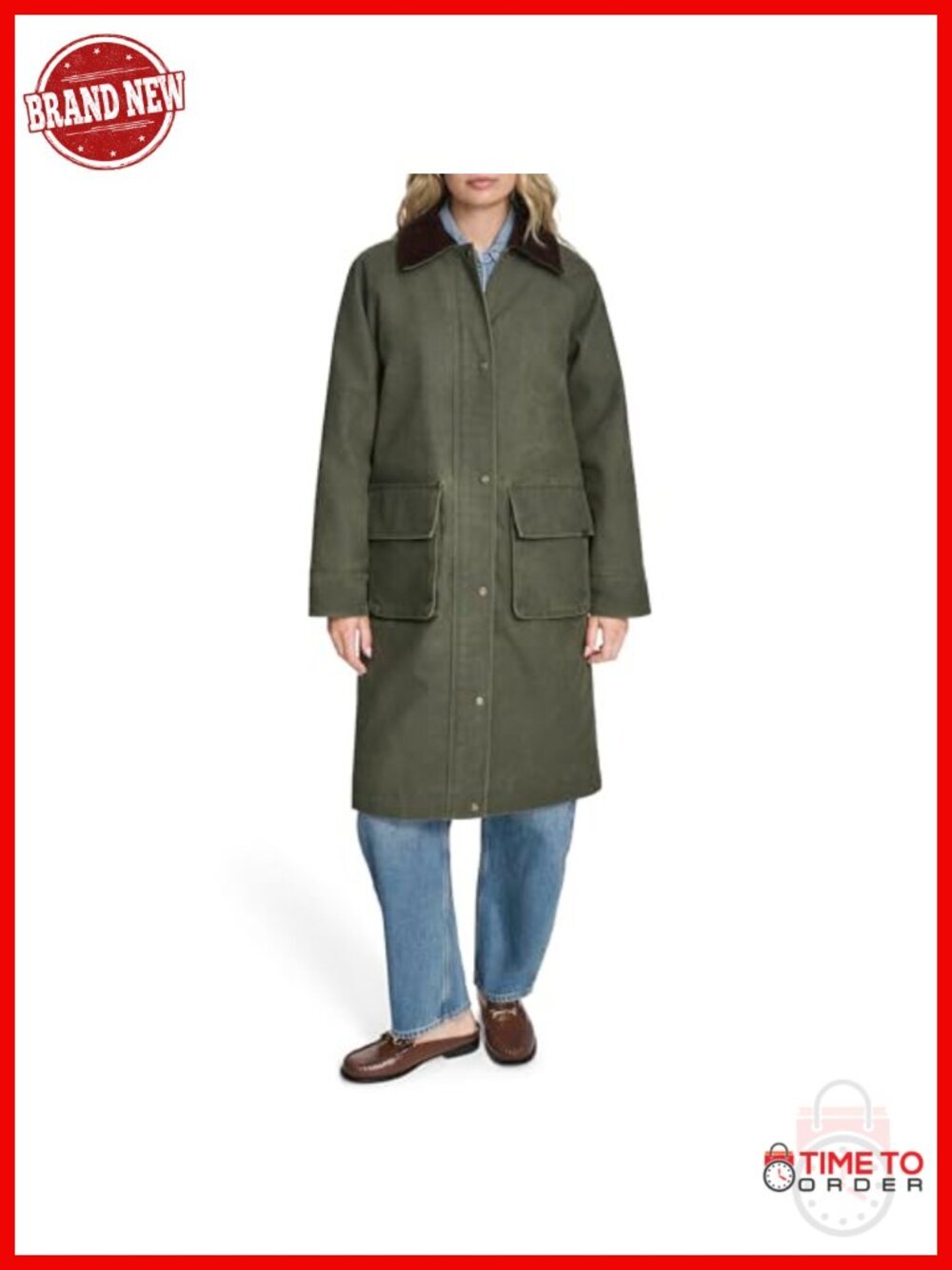 Women's Wax Look Long Barn Coat with Plaid Lining Jacket
